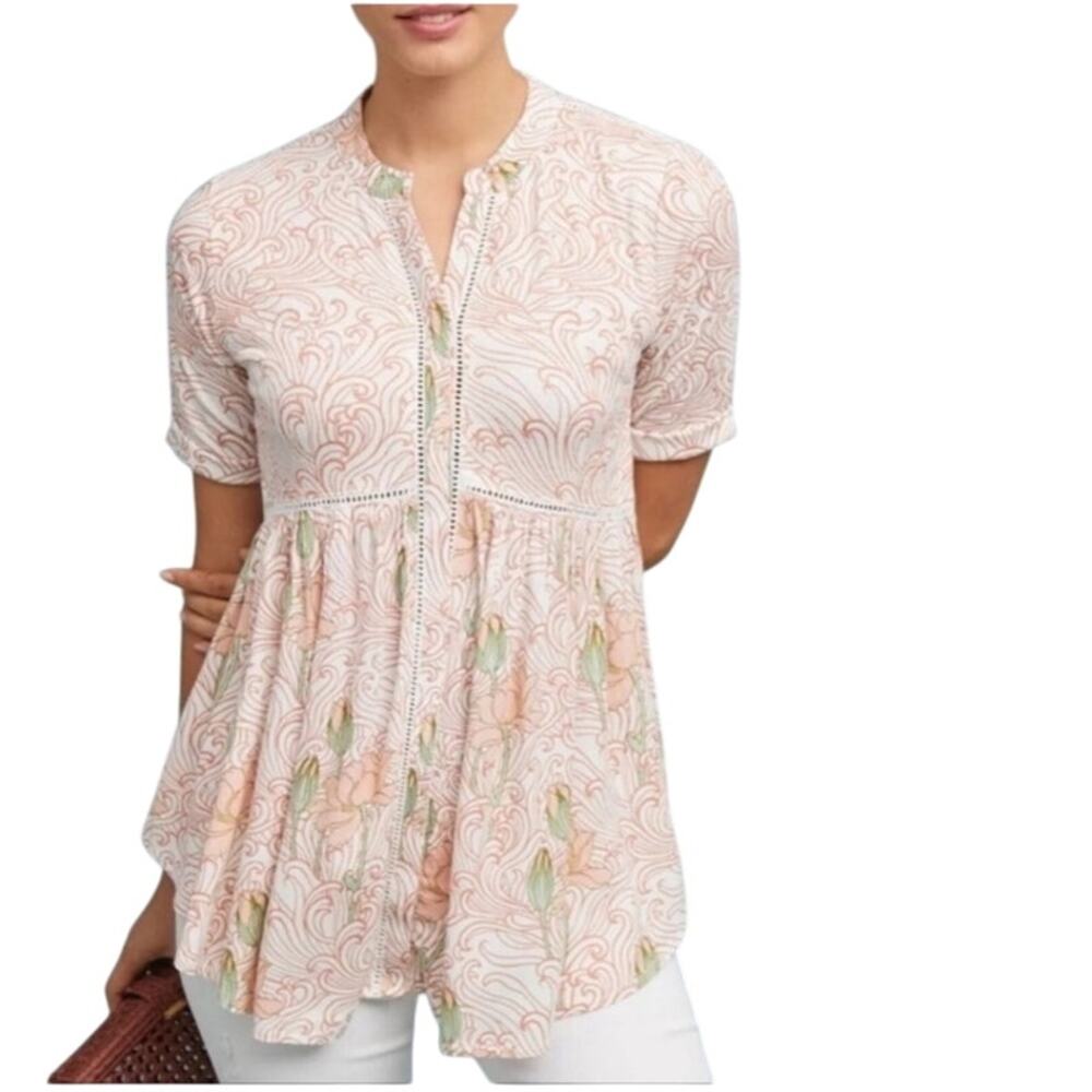 Anthro Akemi + Kin Veria Peplum Tunic M Floral Cottagecore Flowy Boho Button Up